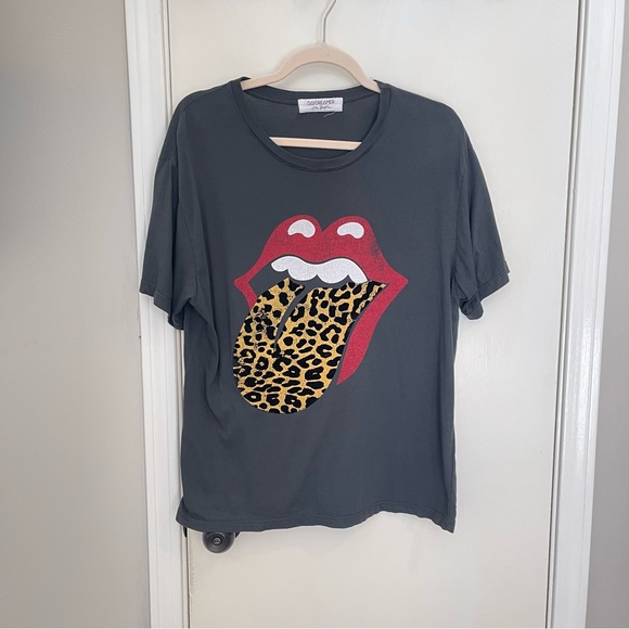 Daydreamer Tops - Daydreamer for Free People Rolling Stones Leopard Print Tongue Logo T-Shirt